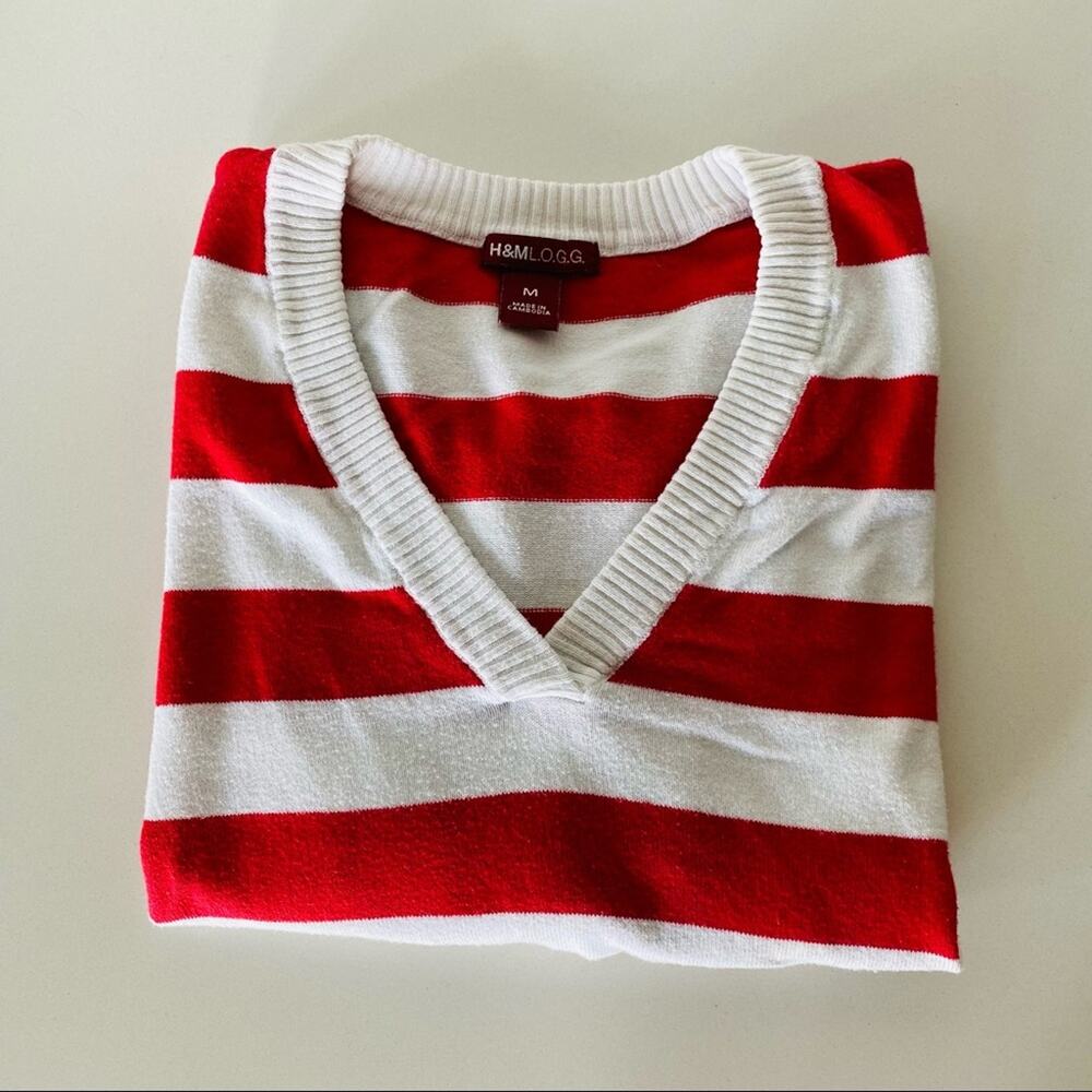 VINTAGE H&M LOGG Red White VNeck Striped 3/4 Sleeve Cropped Pullover Sweater M - Picture 9 of 9